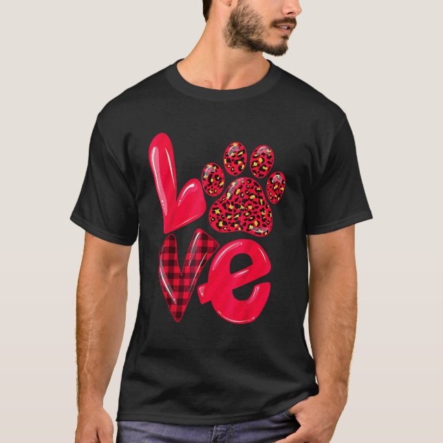 LOVE Paw Dog Cat Leopard Red Plaid Valentines Day  T Shirt (Framsida)