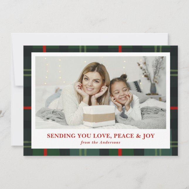 "Love, Peace & Joy" Plaid Holiday Photo Card Julkort (Framsida)