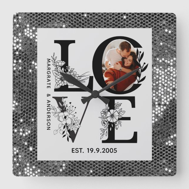 Love photo simple modern personalised gift silver fyrkantig klocka (Framsida)