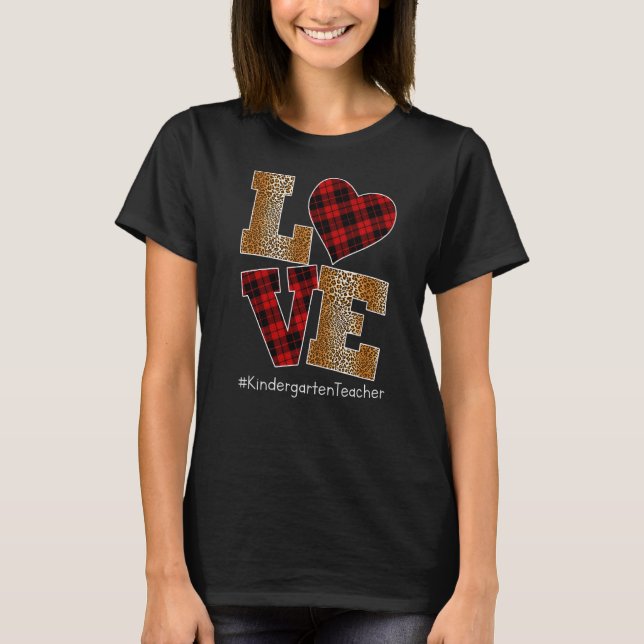 LOVE Plaid Red Leopard Kindergarten Teacher Valent T Shirt (Framsida)