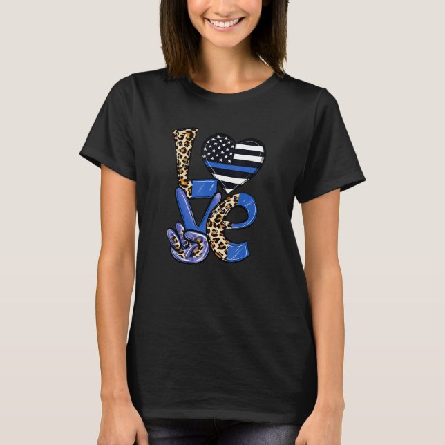 LOVE Police Officer Leopard US Flag Heart Valentin T Shirt (Framsida)