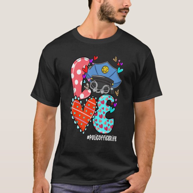 LOVE Police Officer Life Leopard Heart Valentine's T Shirt (Framsida)