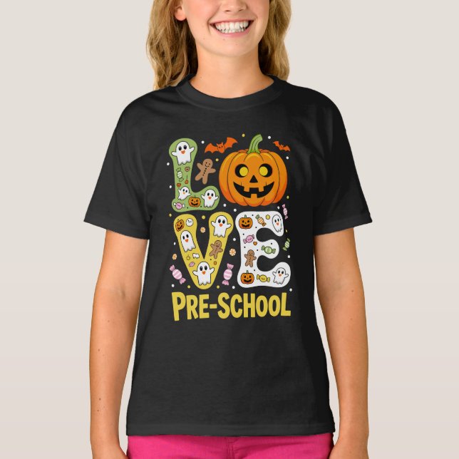 Love Preschool Halloween Teacher Ghost Pumpkin T Shirt (Framsida)