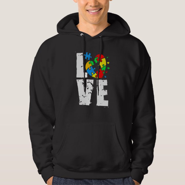 LOVE Puzzle Pieces Heart Autism Awareness Hoodie (Framsida)