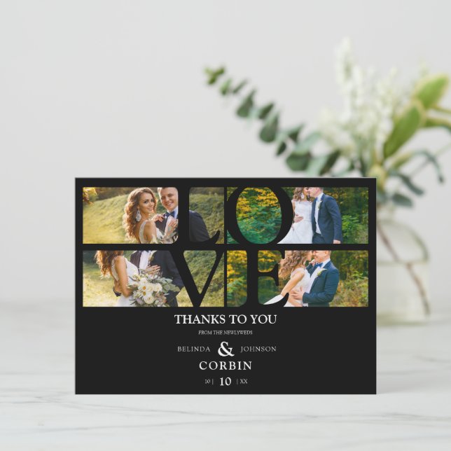 Love Quote Black Trendy Collage Wedding 4 Photos Tack Kort (Stående Fram)