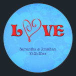 Love Red Heart Wedding Personalized Runt Klistermärke<br><div class="desc">Love in elegant letters with a red heart save the date, wedding announcement, favor heart shaped sticker. Fill in your information in the template. Make more changes to text and font size, style, and color by clicking on Customize. This image is available on many products in my gallery. Please visit...</div>
