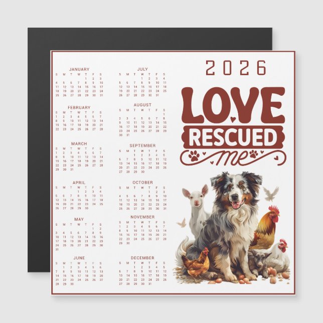 Love Rescued Me 2026 Dog Calendar (Fram/baksida)