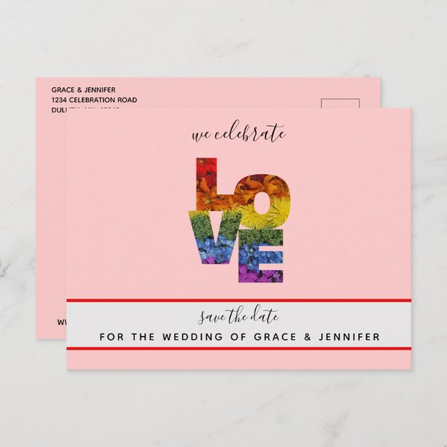LOVE Röd Tematisk Samkönad Bröllop Spara Datum Kor Vykort (Fram/baksida)