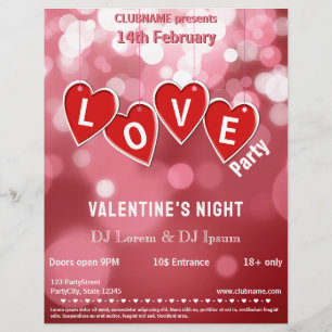 LOVE Röda hjärtan Alla hjärtans dag-fest Flyer