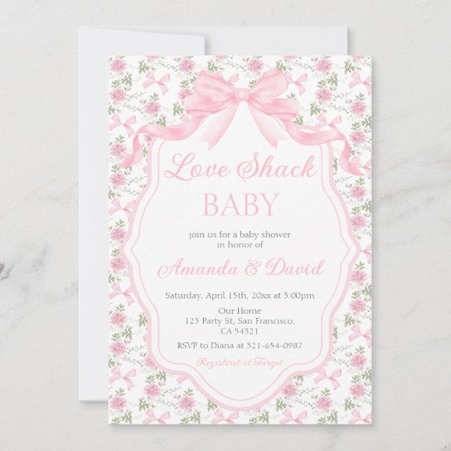  Love Shack Baby Pink Bow Baby Shower Girl Inbjudningar (Framsida)