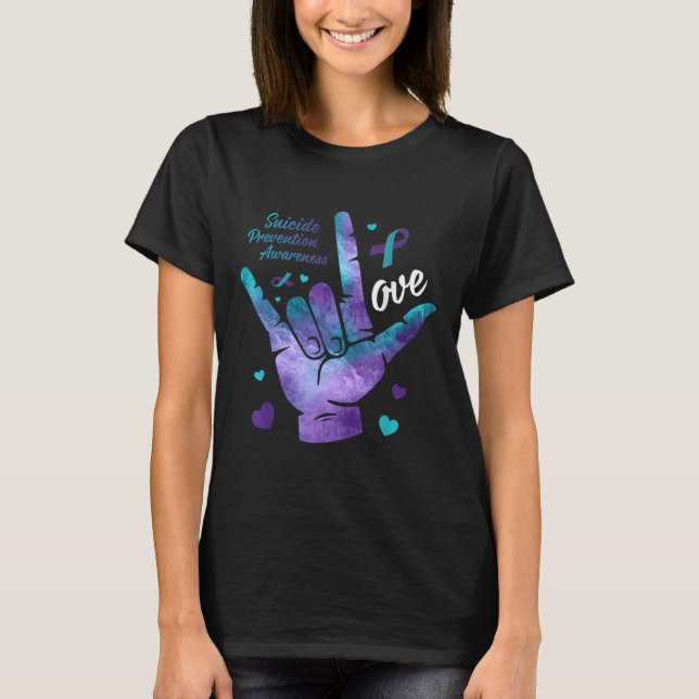 Love Sign Teal &amp; Purple Ribbon Suicide Prevent T Shirt (Framsida)