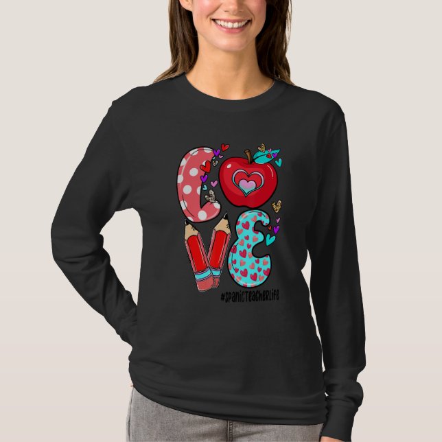 LOVE Spanic Teacher Life Leopard Heart Valentine's T Shirt (Framsida)