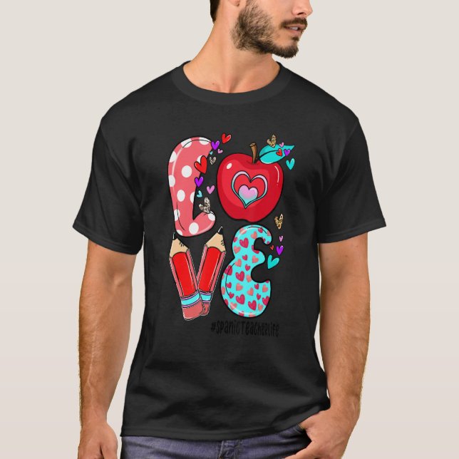 LOVE Spanic Teacher Life Leopard Heart Valentine's T Shirt (Framsida)