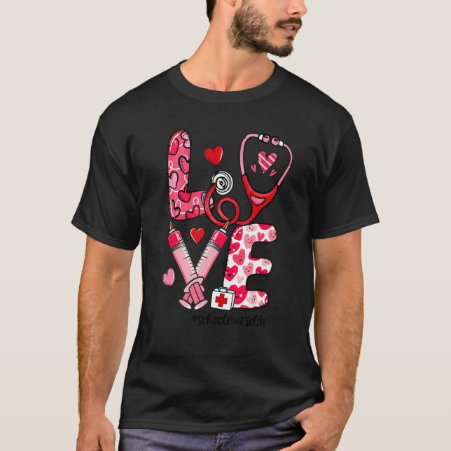LOVE Stethoscope Syringe School Nurse Life Valenti T Shirt (Framsida)