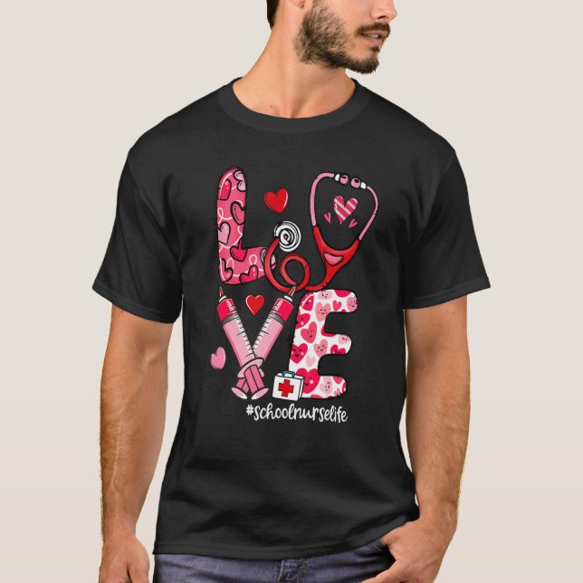 LOVE Stethoscope Syringe School Nurse Life Valenti T Shirt (Framsida)