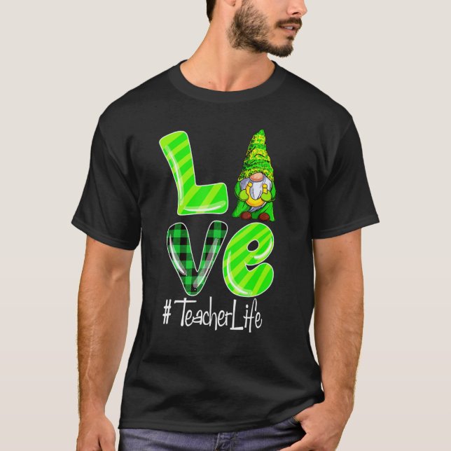 LOVE Teacher Life Gnome Leopard Shamrock St Patric T Shirt (Framsida)