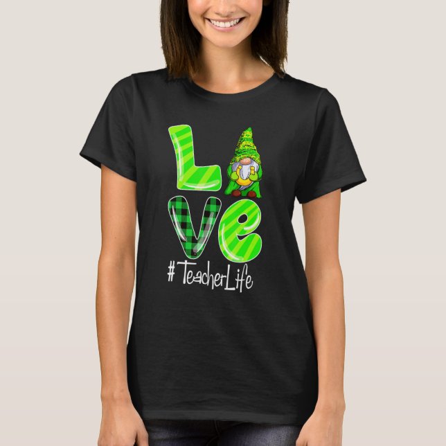 LOVE Teacher Life Gnome Leopard Shamrock St Patric T Shirt (Framsida)