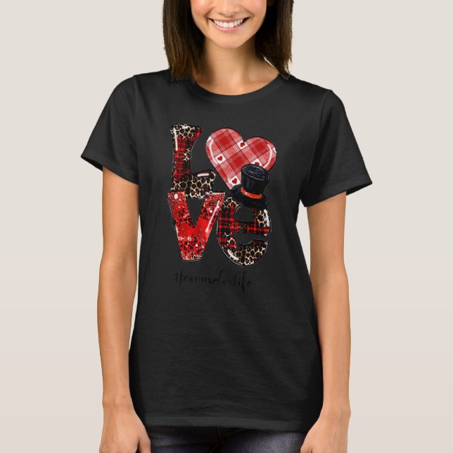 Love Teacher Life Leopard Buffalo Heart Valentines T Shirt (Framsida)