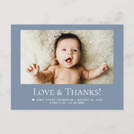 Love & Thanks Dusty blue 1 Baby Photo announcement Vykort