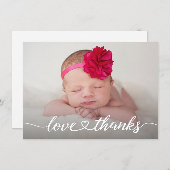 Love & Thanks Heart script Newborn Photo Baby Girl Tack Kort (Fram/baksida)