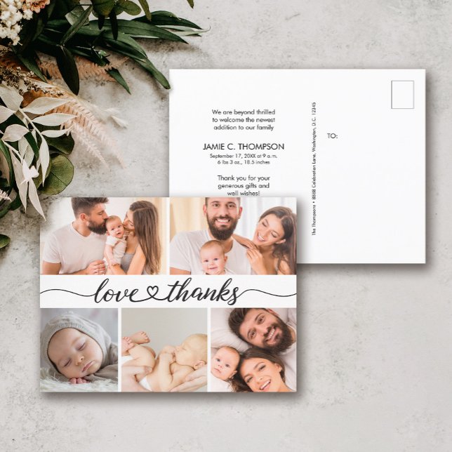 Love & Thanks Multi Photo Baby Birth Announcement  Vykort (Skapare uppladdad)