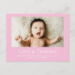 Love & Thanks Pink Baby Photo announcement Vykort