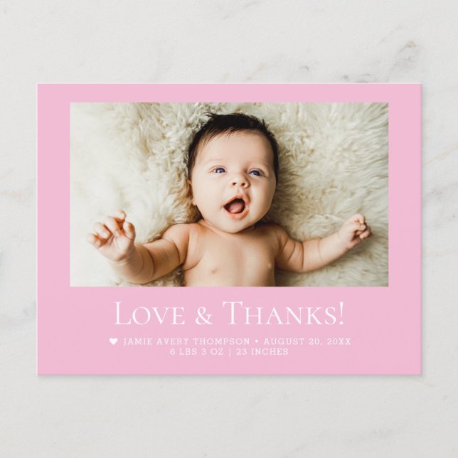 Love & Thanks Pink Baby Photo announcement Vykort (Framsida)