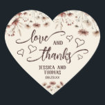 Love & Thanks Rustic Boho Chic Wildflowers Wedding Hjärtformat Klistermärke<br><div class="desc">These cute stickers are perfect as favor tags or envelope seals for wedding thank you cards. They feature a whimsical boho chic design with a border of wildflowers in earthtone shades of terracotta clay, dusty rose, and pewter blue on a cream colored background. there is fancy script lettering reading "love...</div>