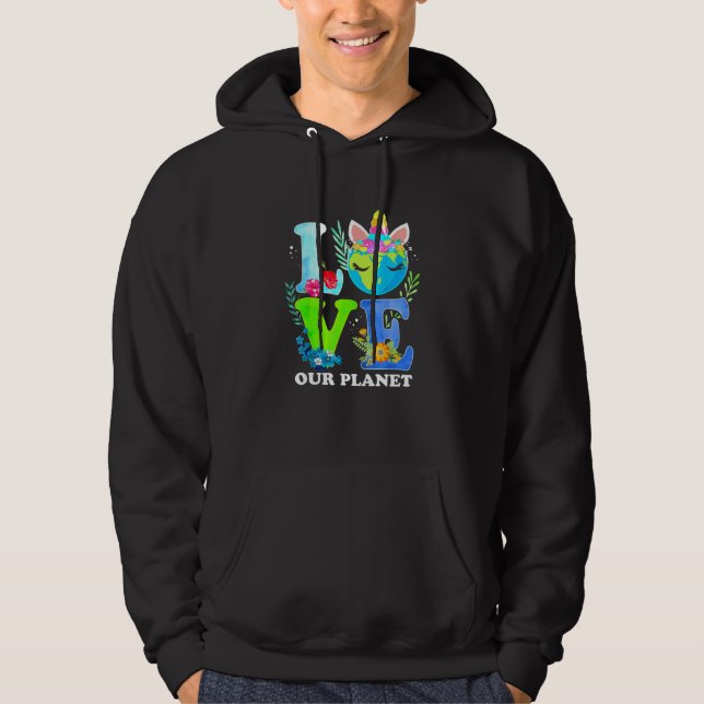 Love Unicorn Earth Day 2023 Our Planet Environment Hoodie (Framsida)