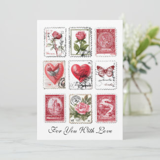 Love Valentine Postal Stamps Ephemera Collage Art Kort