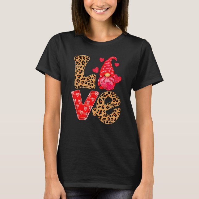 LOVE Valentines Day Gnome Ornaments Leopard Cheeta T Shirt (Framsida)