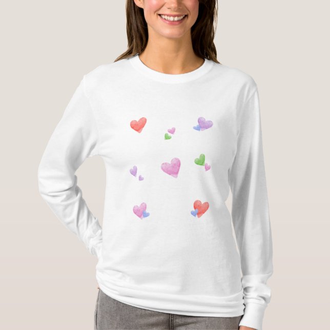 LOVE Valentines Fun Watercolor Hearts T Shirt (Framsida)