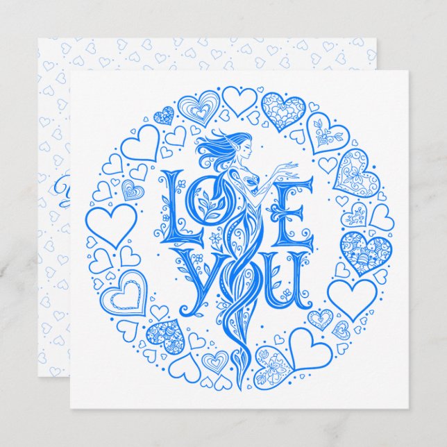 Love You Fantasy Valentine gift Blue Line Art  Julkort (Fram/baksida)