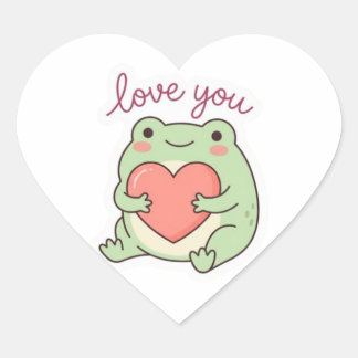 Love You Frog Sticker Cute Frog Heart Soft Aesthet Hjärtformat Klistermärke