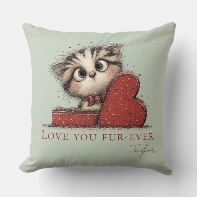 Love You Fur-Ever Cute Cat Sage Green Throw Pillow Kudde (Framsida)