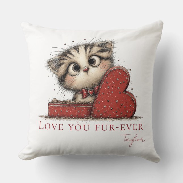 Love You Fur-Ever Cute Cat Throw Pillow Kudde (Framsida)