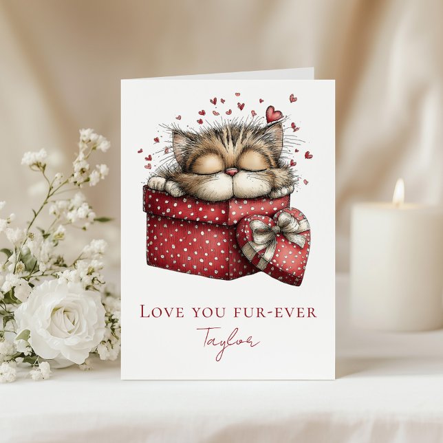 Love You Fur-Ever Cute Cat Valentine Folded Card Helgkort (Love You Fur-Ever Cute Cat Valentine Folded Card on a table with white flowers)