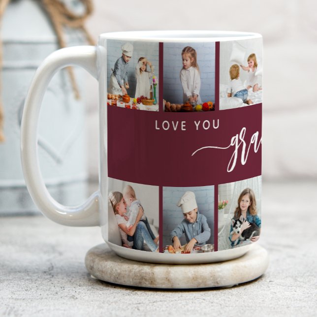 Love You Grandma 12 Photo Collage Burgundy Kaffemugg (Skapare uppladdad)