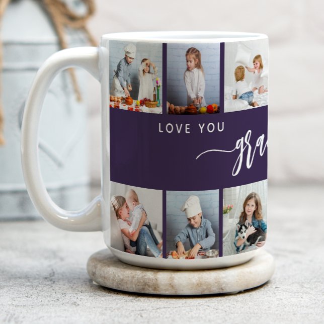 Love You Grandma 12 Photo Collage Purple Kaffemugg (Skapare uppladdad)
