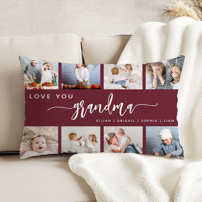 Love You Grandma 8 Photo Collage Burgundy Prydnadskudde (Skapare uppladdad)
