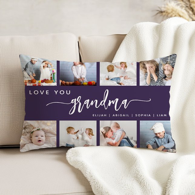 Love You Grandma 8 Photo Collage Purple Prydnadskudde (Skapare uppladdad)