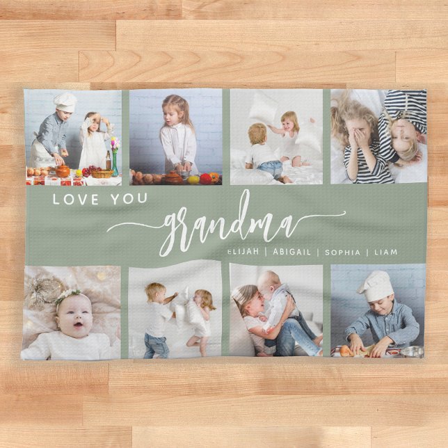 Love You Grandma 8 Photo Collage Sage Green Kökshandduk (Skapare uppladdad)