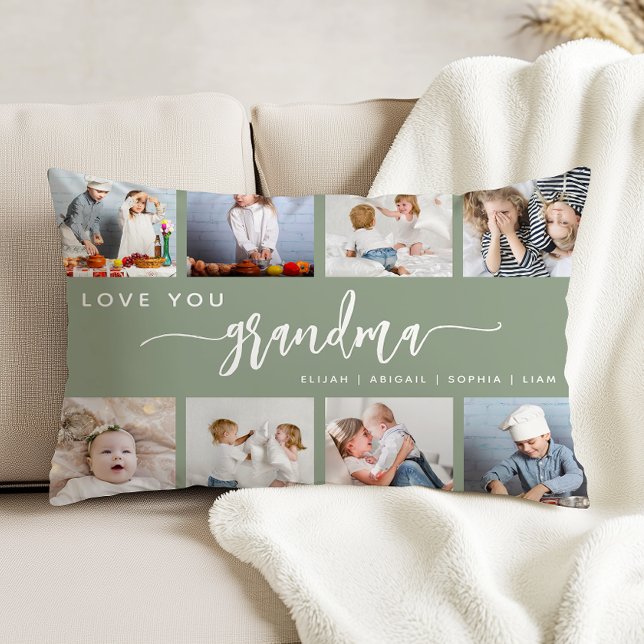 Love You Grandma 8 Photo Collage Sage Green Prydnadskudde (Skapare uppladdad)