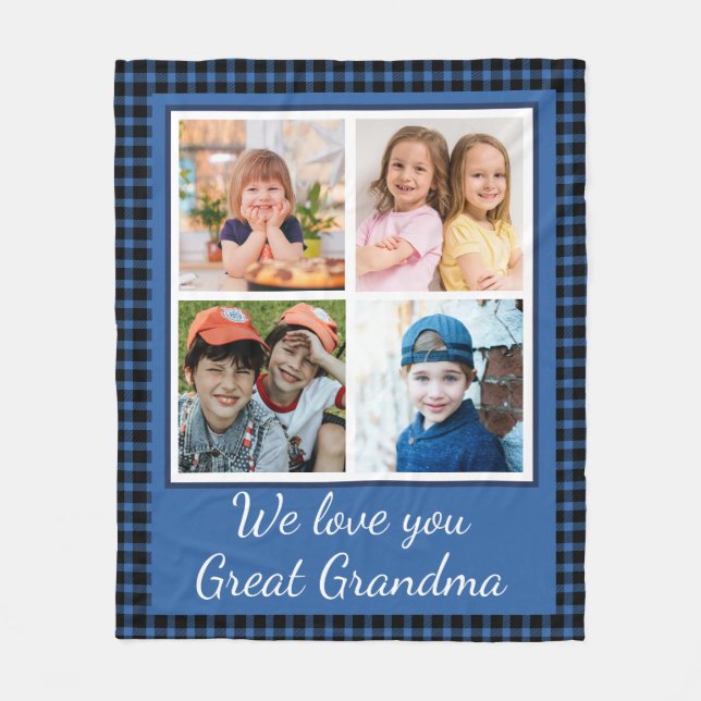 Love You Great Grandma 4 Photo Collage Blue Plaid Fleecefilt (Framsidan)