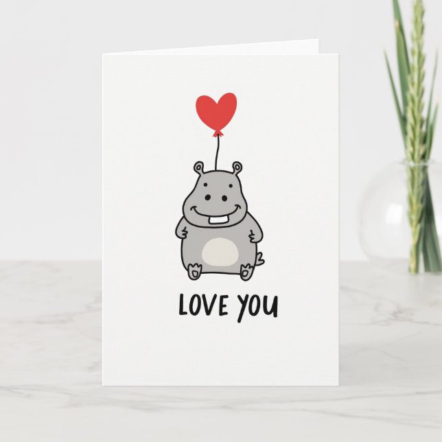 Love You Hippo Heart Balloon Card Kort (Framsida)
