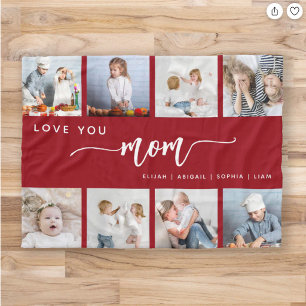 Love You Mom 8 Foto Collage Cranberryröd Fleecefilt