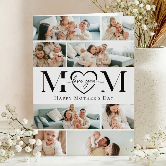 Love You Mom Heart Photo Collage Mother's Day Kort (Love You Mom Heart Photo Collage Mother's Day Card)