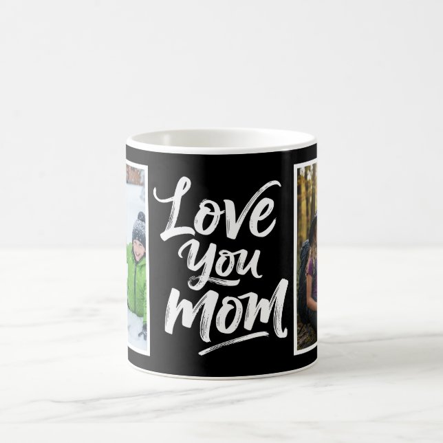 Love You Mom Two Photo Brush Script black white Kaffemugg (Center)