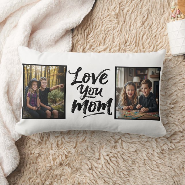 Love You Mom Two Photo Brush Script Keepsake  Lumbarkudde (Filt)