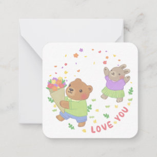 Love You: Nallebjörn & Kanin med Blommor Anteckningskort